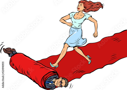 Woman hero on the red carpet of the film premiere. The winner goes ahead