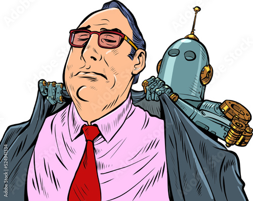 Robot servant of man. An artificial mechanism puts a coat on the boss