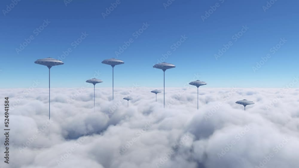 Aerial shot of a City of the future above the clouds. Front view of a sci-fi town Aerial shot of a City of the future above the clouds. Front view of a sci-fi town