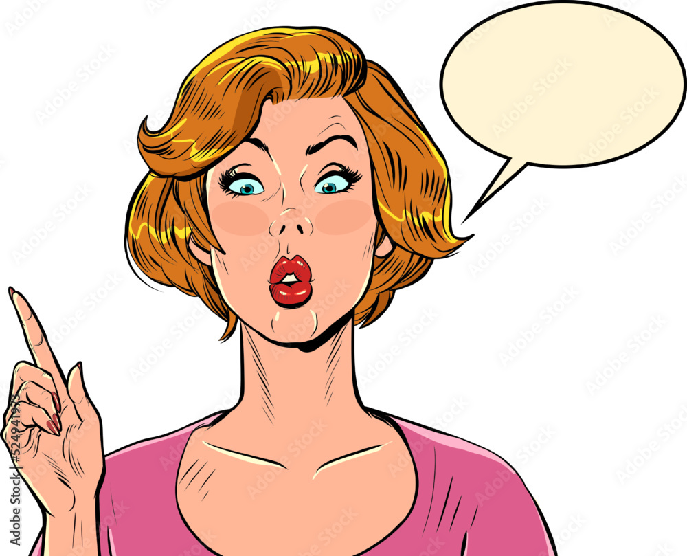 pop art surprised woman showing direction with index finger. Attention gossip news pop art surprised woman showing direction with index finger. Attention gossip news