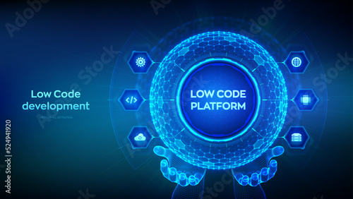 Low code platform. Low code development technology concept. LCDP easy coding. Hexagonal grid sphere in wireframe hands on blue background. Vector illustration.