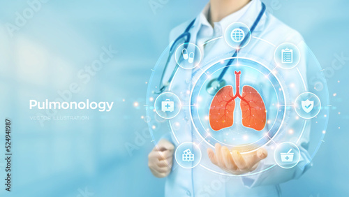 Pulmonology medicine concept. Respiratory system examination and treatment. Doctor holding in hand the hologram of Lungs and medical icons network connection on virtual screen. Vector illustration. photo