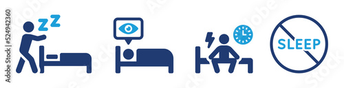 Sleep disorder with insomnia, sleepwalk and sleepless night vector icon set illustration.
