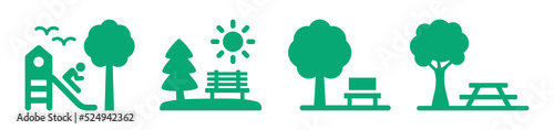 Park with tree, bench, table and playground with child on slide icon vector set illustration.