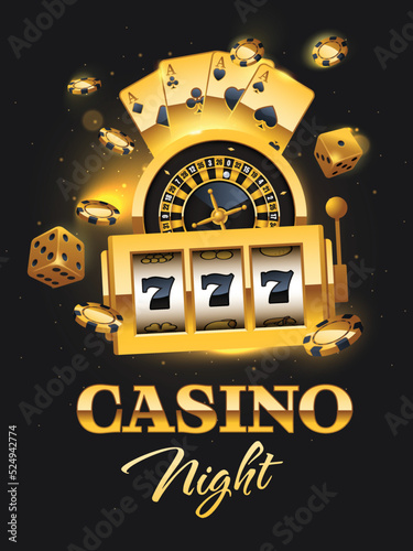 Fotografia Casino Night flyer illustration with slot machine, roulette wheel, poker chips, dices and playing cards