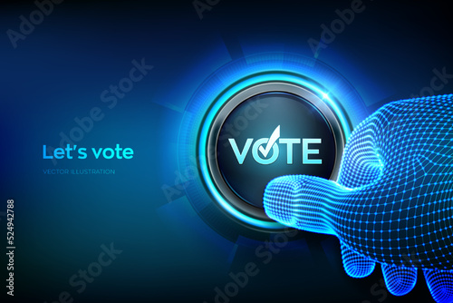 Vote. Voting and election concept on virtual screen. Polling, ballot. Online elections. Electronic voting technology. E-ballot. Check mark. Closeup finger about to press a button. Vector illustration.