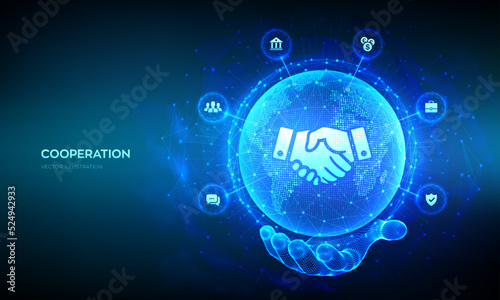 Partnership technology concept. Business partnership. Global cooperation network. Internet communication. Teamwork. World map point, line composition. Earth planet globe in hand. Vector illustration.