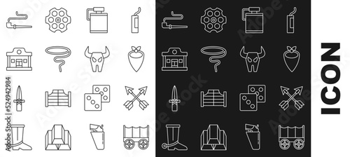Set line Wild west covered wagon, Crossed arrows, Cowboy bandana, Canteen water bottle, Lasso, saloon, Smoking pipe and Buffalo skull icon. Vector