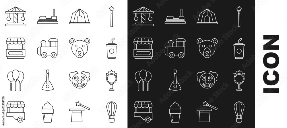 Set line Hot air balloon, Circus fire hoop, Paper glass with water, tent, Toy train, Fast street food cart, Attraction carousel and Bear head icon. Vector