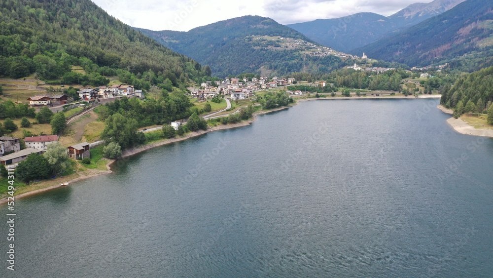 aerial photo with lake with shore drone