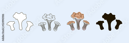 Chanterelle mushroom set in outline style, line, doodle and black silhouette. Stock vector illustration on a blue background.