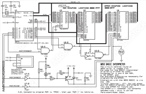 Diagram of an electrical digital data output device to a terminal operating under the control of microcontroller 8052. Drawing of an electronic device that uses a register and memory chips RAM, EPROM