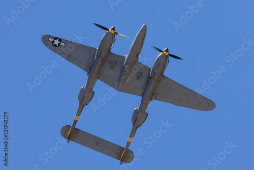 Very close bottom  view  of P38 Lightning (WWII American fighter plane)  photo