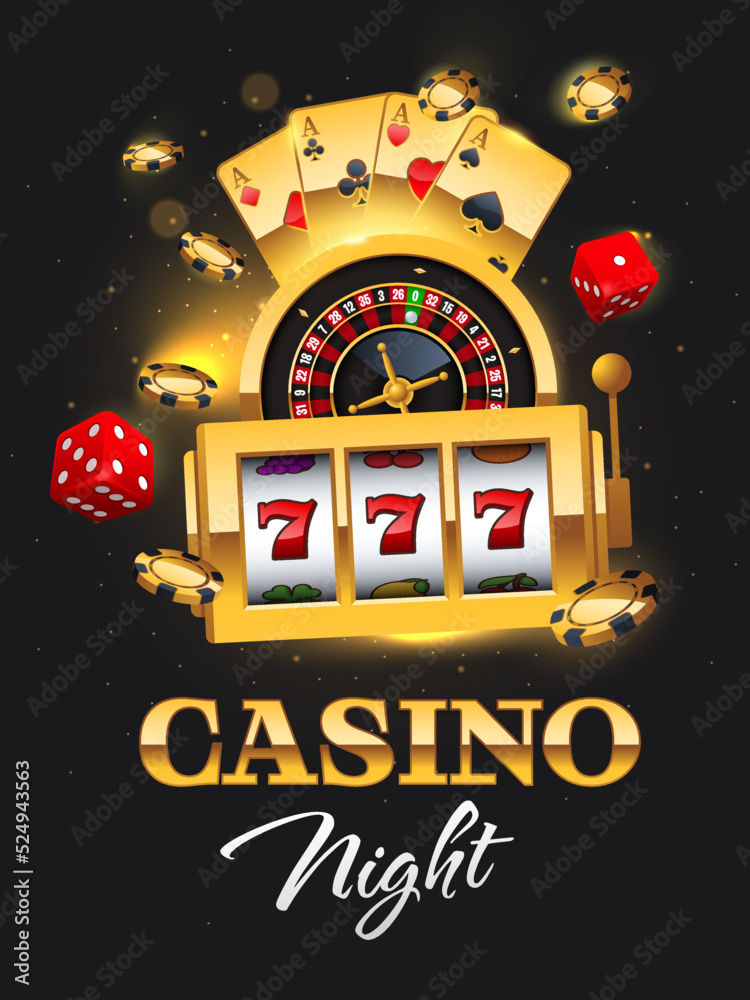 Golden Casino Night flyer illustration with slot machine, roulette