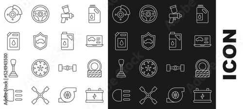 Set line Car battery, tire wheel, Diagnostics condition of car, Paint spray gun, with shield, Canister for motor oil, brake disk caliper and icon. Vector