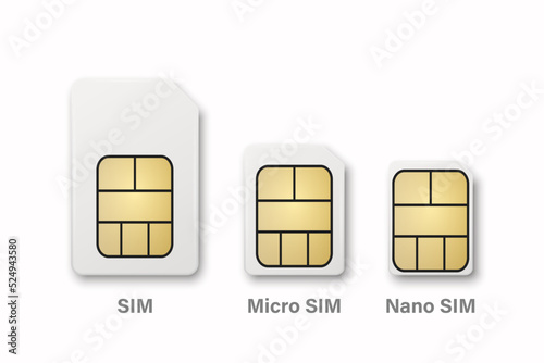 Vector 3d Realistic White Plastic Sim, Micro Sim, Nano Sim Card Template Set Isolated. Design Template of Sim Card for Mockup, Branding. Top View