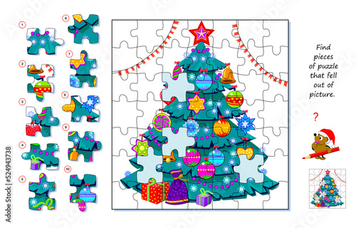 Logic game for children and adults. Find pieces of puzzle that fell out of picture. Page for kids brain teaser book. Task for attentiveness. Developing spatial thinking. Play online. Vector image.