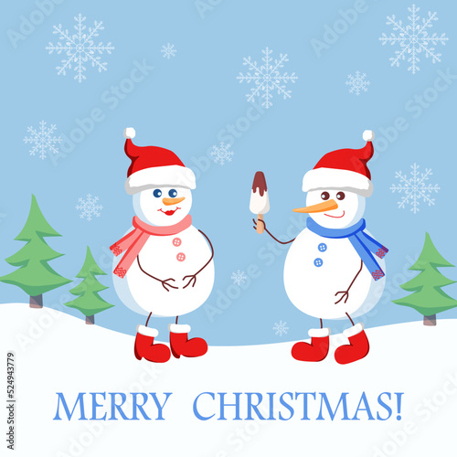 Snowman gives ice cream to his girlfriend in a snowy forest. Greeting card with text box.