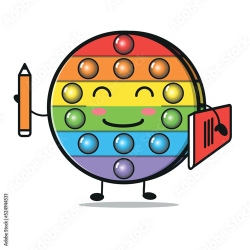 Cartoon kawaii pop it with pencil and book. Ready for school pupil or student. Fidget sensory toy icon isolated on white background with shadow. Vector illustration.