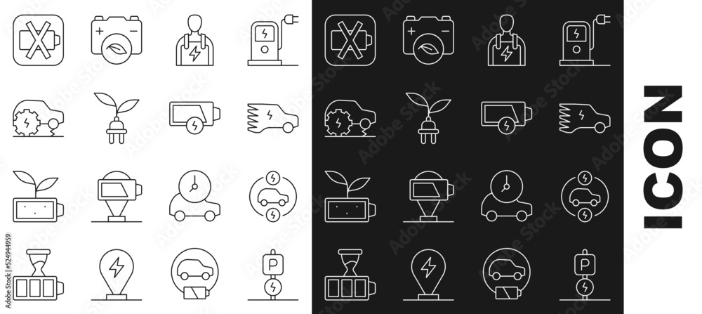 Set line Charging parking electric car, Electric, Car mechanic, saving plug leaf, service, Low battery and icon. Vector Set line Charging parking electric car, Electric, Car mechanic, saving plug leaf, service, Low battery and icon. Vector