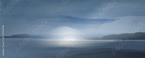 Night seascape. Lofoten. Panorama, sea view. Picturesque abstract landscape. Minimal vector background, suitable for banners, booklets, web, brochures, flyers.