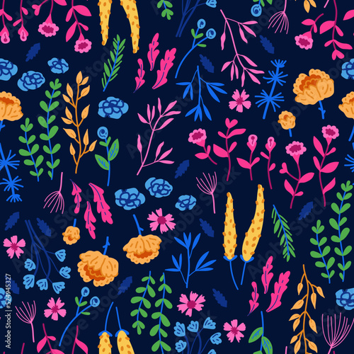 Amazing floral vector seamless pattern of vibrant colorful flowers in a cute vintage style. Beautiful colorful flowers background. Spring primitive texture. Folk style design concept for fashion print
