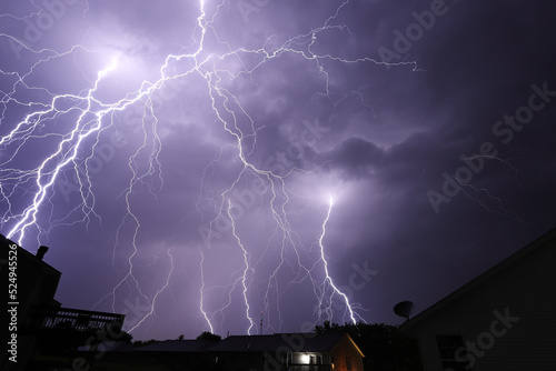 multiple large lightning strikes spanning in the night