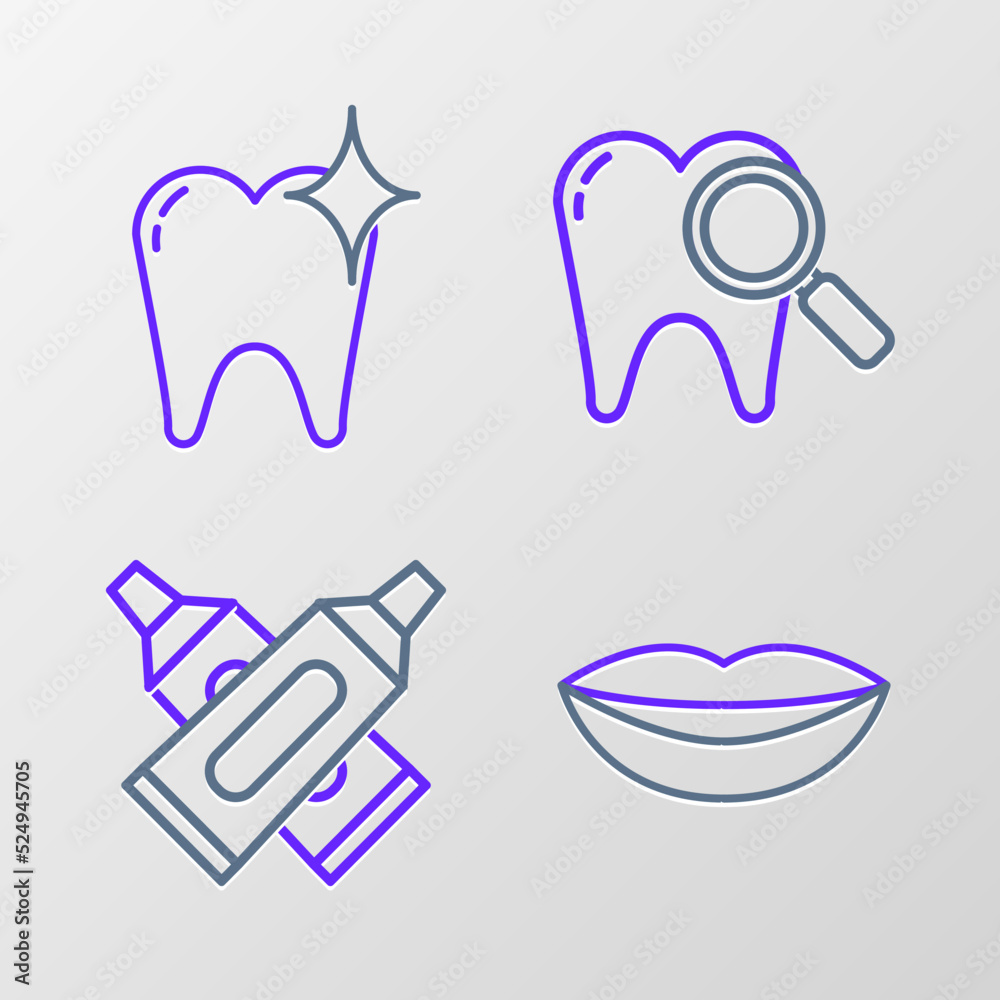 Set line Smiling lips, Crossed tube of toothpaste, Dental search and Tooth whitening concept icon. Vector
