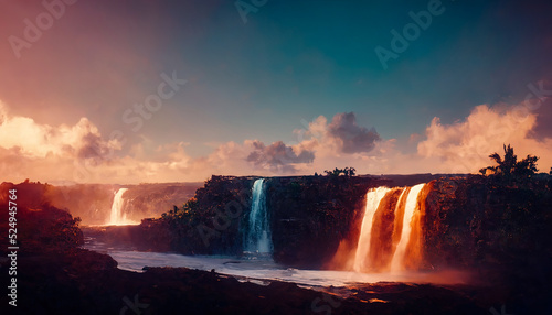 Waterfall in the mountains, neon sunset, clouds. Landscape with a waterfall. 3D illustration. photo