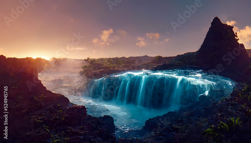 Waterfall in the mountains  neon sunset  clouds. Landscape with a waterfall. 3D illustration.