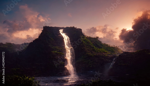 Waterfall in the mountains  neon sunset  clouds. Landscape with a waterfall. 3D illustration.