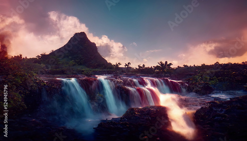 Waterfall in the mountains  neon sunset  clouds. Landscape with a waterfall. 3D illustration.