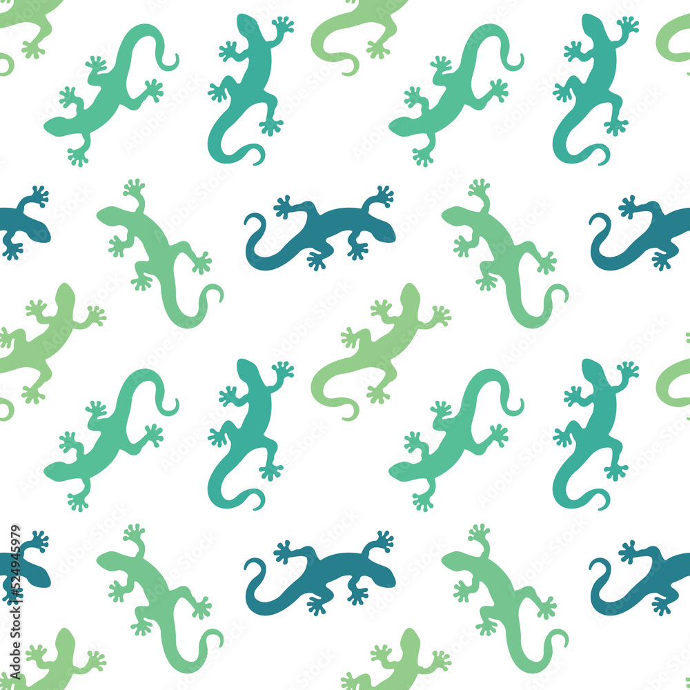 Green lizard seamless pattern. Bright and dark lizard repeating in different direction on white background. Wild nature design. Vector illustration.
