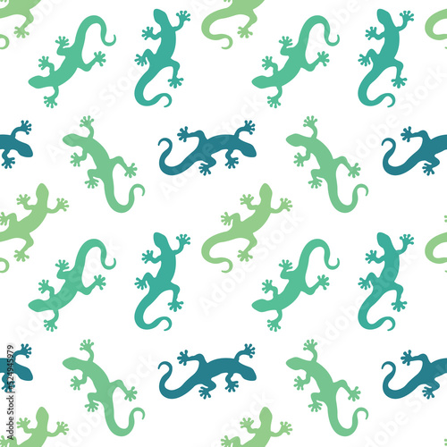 Green lizard seamless pattern. Bright and dark lizard repeating in different direction on white background. Wild nature design. Vector illustration.