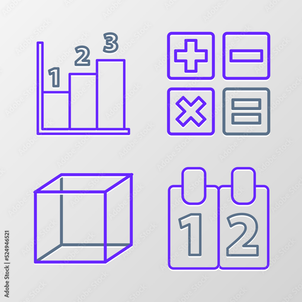 Set line Calendar, Geometric figure Cube, Calculator and Graph, schedule, chart, diagram icon. Vector Set line Calendar, Geometric figure Cube, Calculator and Graph, schedule, chart, diagram icon. Vector