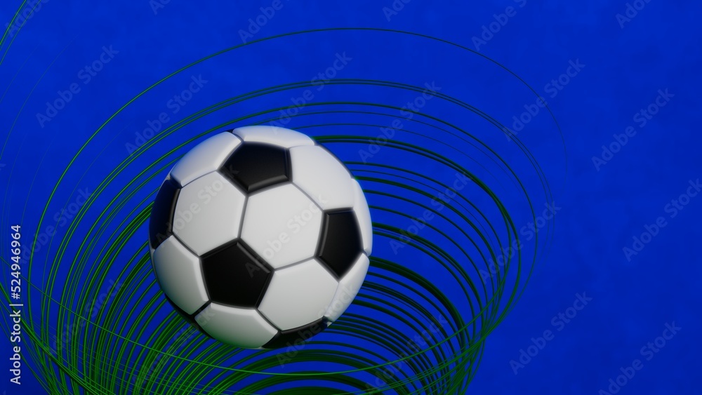 Naklejka premium Black-white soccer ball with green spiral laser beam particles under black-blue lighting background. 3D illustration. 3D high quality rendering. 3D CG.