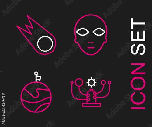Set line Solar system, Moon with flag, Alien and Comet falling down fast icon. Vector
