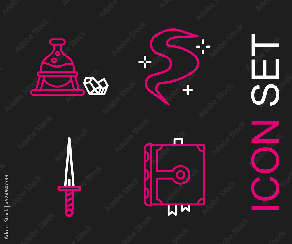 Set line Ancient magic book, Dagger, Magic fog or smoke and Witch cauldron and stone icon. Vector Set line Ancient magic book, Dagger, Magic fog or smoke and Witch cauldron and stone icon. Vector