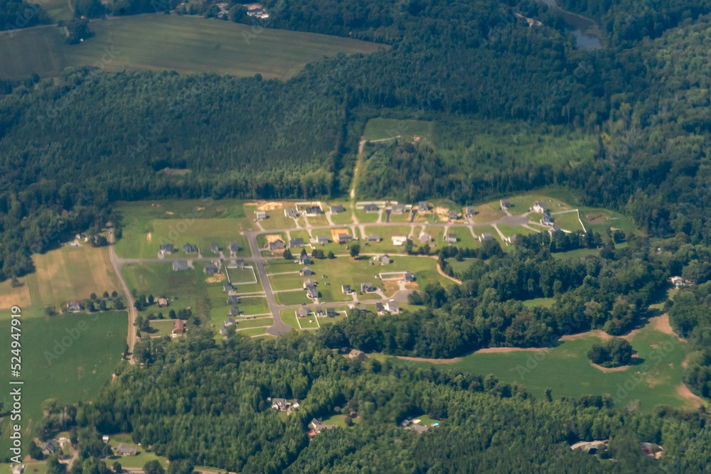 Aerial view of a housing development in eastern virginia on the rural-urban divide