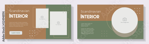 Scandinavian interior banner template set, western home decor advertisement sign, house furniture store horizontal ad, earth color content marketing post, creative brochure, isolated on background