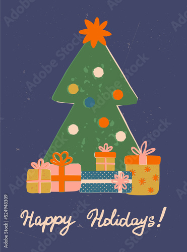 Happy Holidays retro greeting card with hand lettering and cute decorated Christmas Tree. Vector card, banner design