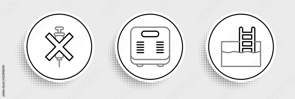 Set line Swimming pool with ladder, No doping syringe and Bathroom scales icon. Vector Set line Swimming pool with ladder, No doping syringe and Bathroom scales icon. Vector