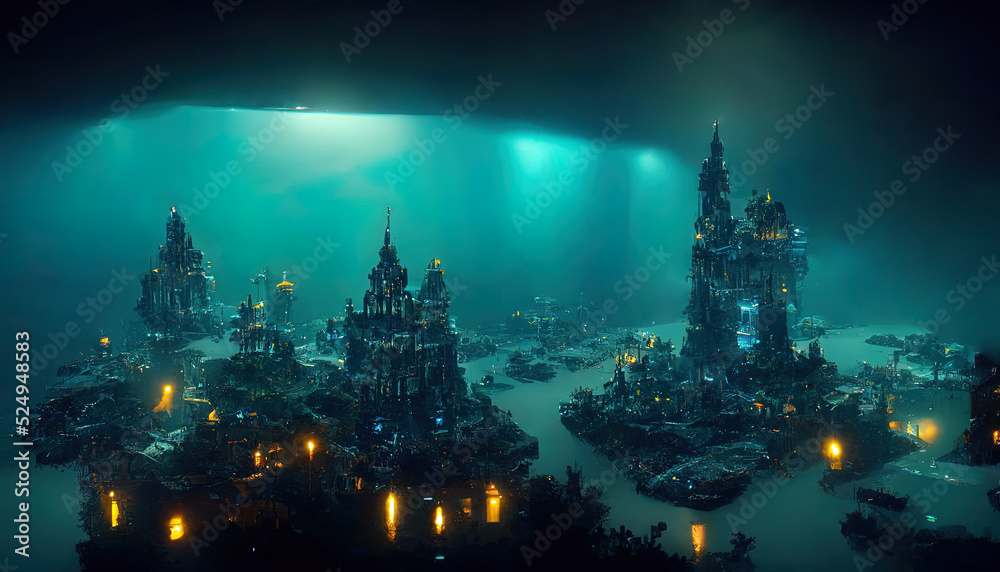 Abstract fantasy landscape, ancient stone temple, neon sunset. Fantasy city on the coast. Atlantis, the lost underwater city. 3D illustration.