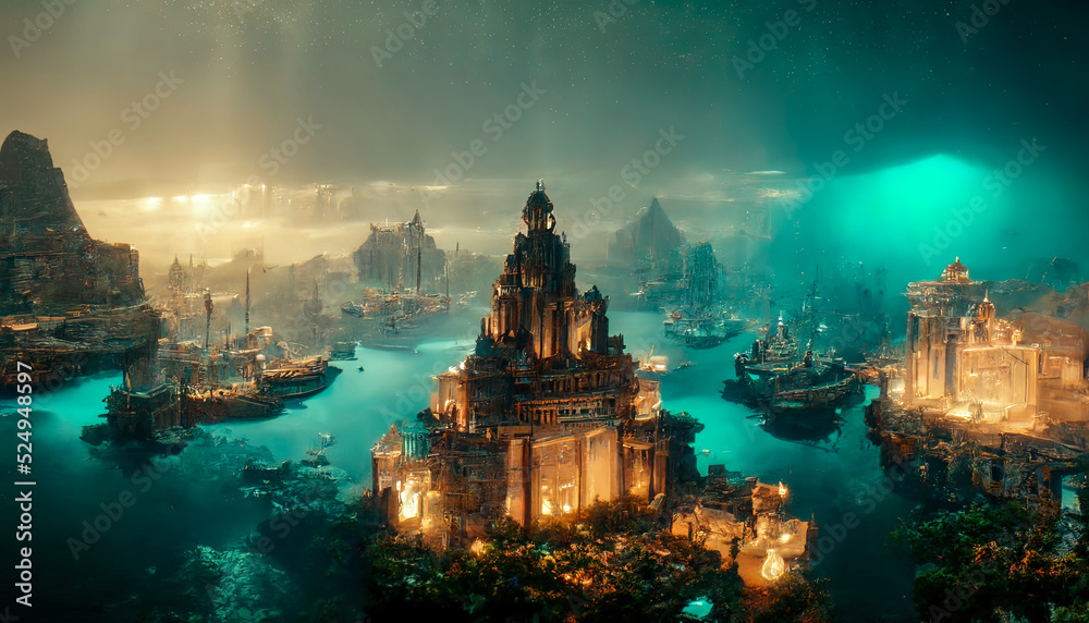 Naklejka premium Abstract fantasy landscape, ancient stone temple, neon sunset. Fantasy city on the coast. Atlantis, the lost underwater city. 3D illustration.