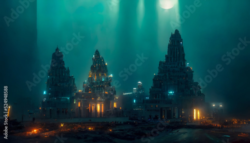 Abstract fantasy landscape, ancient stone temple, neon sunset. Fantasy city on the coast. Atlantis, the lost underwater city. 3D illustration.