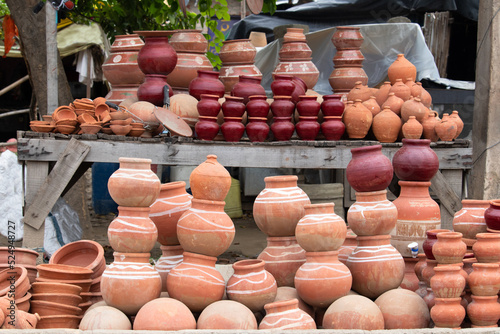 Handmade Terracotta Ceramic Clay Based Earthenware Used For Cooking Or Storing Food And During Traditional Festival Celebration In India. Piled Up Variety Of Unglazed Or Glazed Hard, Fired Ceramic