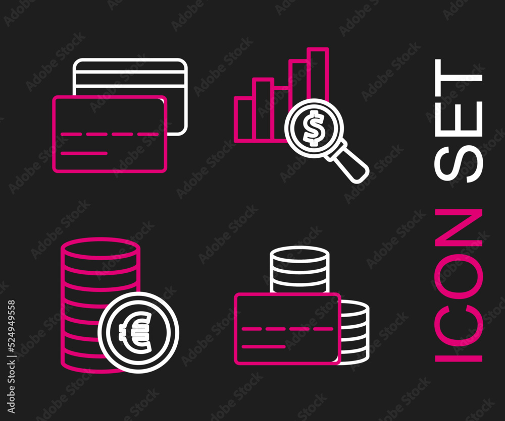 Set line Credit card, Coin money with euro symbol, Pie chart and dollar and icon. Vector Set line Credit card, Coin money with euro symbol, Pie chart and dollar and icon. Vector