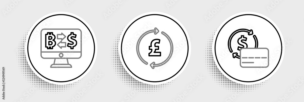 Obraz premium Set line Credit card, Cryptocurrency exchange and Coin money with pound icon. Vector