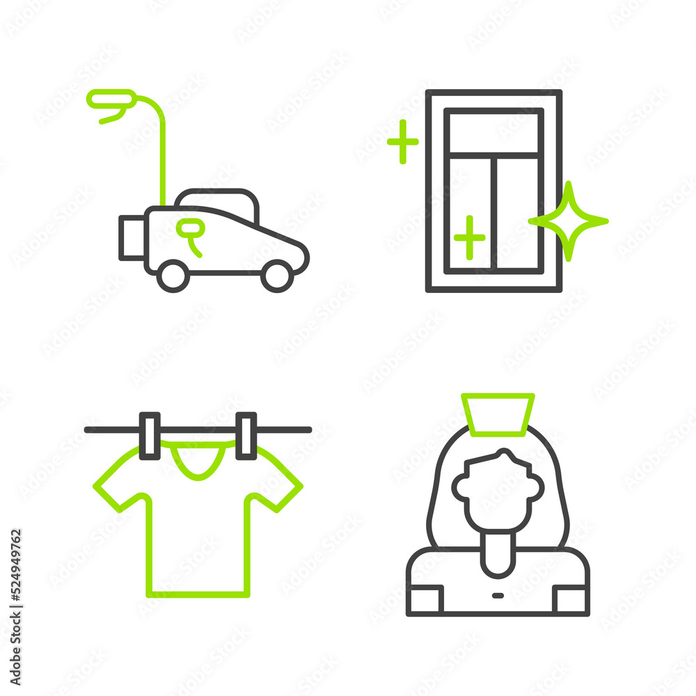 Set line Cleaning lady service, Drying clothes, for window and Lawn mower icon. Vector Set line Cleaning lady service, Drying clothes, for window and Lawn mower icon. Vector