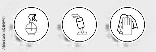 Set line Cleaning service, Water spray bottle and Vacuum cleaner icon. Vector